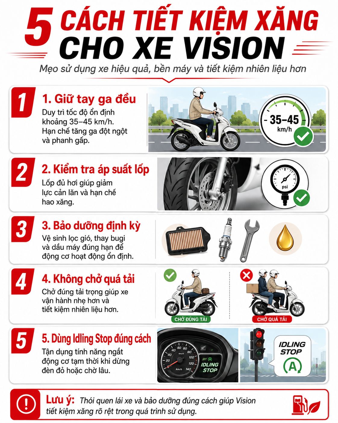 Cách sử dụng xe Vision tiết kiệm xăng hơn trong thực tế